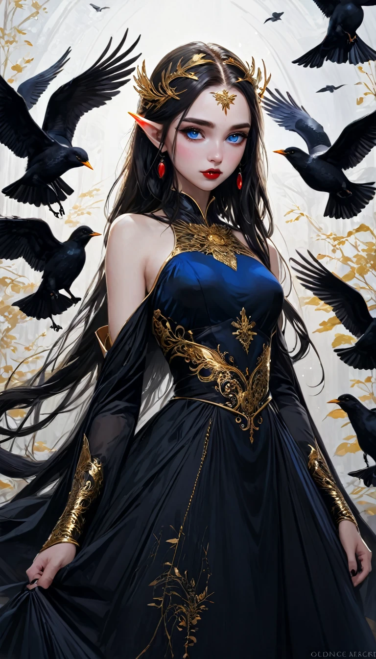 Goddess, woman, Blue eyes, beautiful face, red lips, Black dress with Golden details, full body, warrior, black birds, white birds, very aesthetic, professional lighting, natural light, intricate, masterpiece, absurdres, best quality, extremaly detailed eyes, gothic, elf