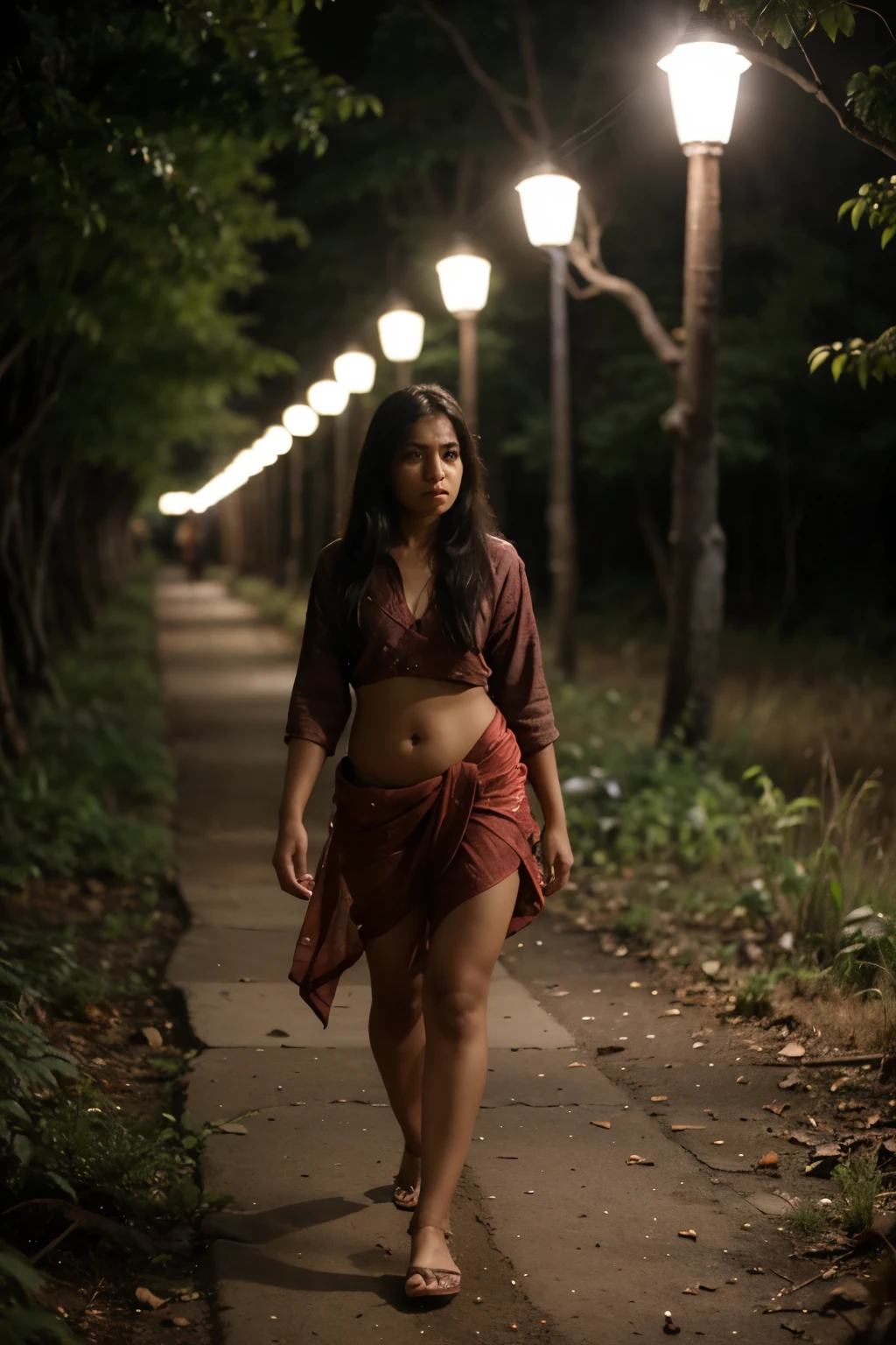 A lonely Indian 
girl walking in the forest at night 