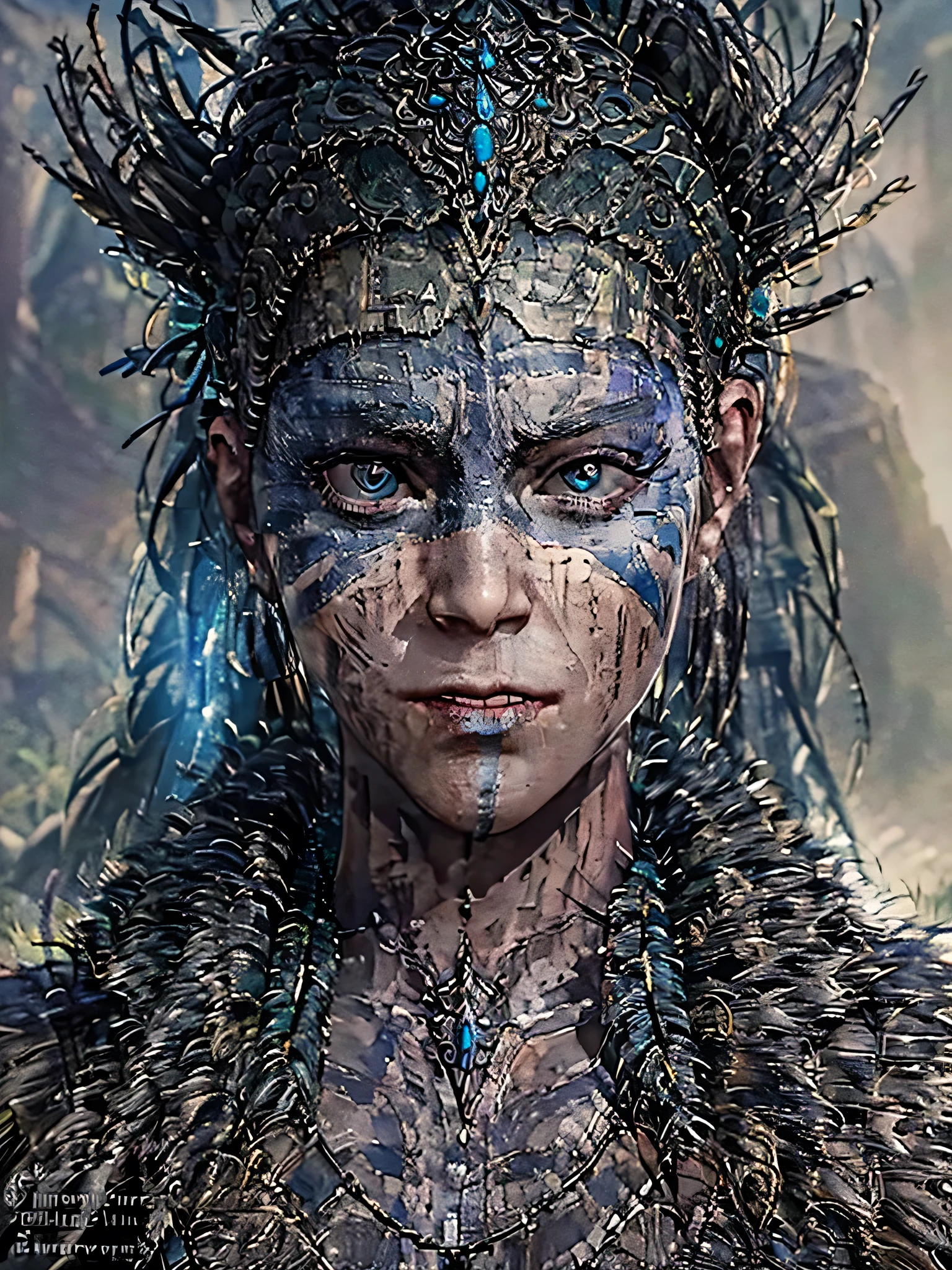 Create an incredible 4K image of Senua from “Hellblade 2” in a striking and unique game environment. Senua should be portrayed with meticulous detail, highlighting her fierce beauty and strength. Her warrior attire, adorned with intricate Norse patterns, fits her form perfectly, blending functionality with a touch of rugged elegance. Her long, dark hair flows freely, adorned with subtle braids and feathers, adding to her wild and fierce look. Her piercing blue eyes reflect determination and vulnerability, capturing her complex character.

The environment should be a hauntingly beautiful Norse landscape, with dramatic cliffs and ancient ruins shrouded in mist. Enchanted blue flames flicker among the ruins, casting an ethereal glow that complements Senua’s intense gaze. The sky is a tumultuous mix of storm clouds and shafts of light breaking through, symbolizing the internal struggle she faces.

Foreground details include ancient runes and mystical symbols carved into stones, while ghostly apparitions linger at the edges, adding a supernatural element to the scene. The overall atmosphere should be a perfect blend of mysticism and raw natural beauty, making Senua the focal point of this captivating and detailed image.