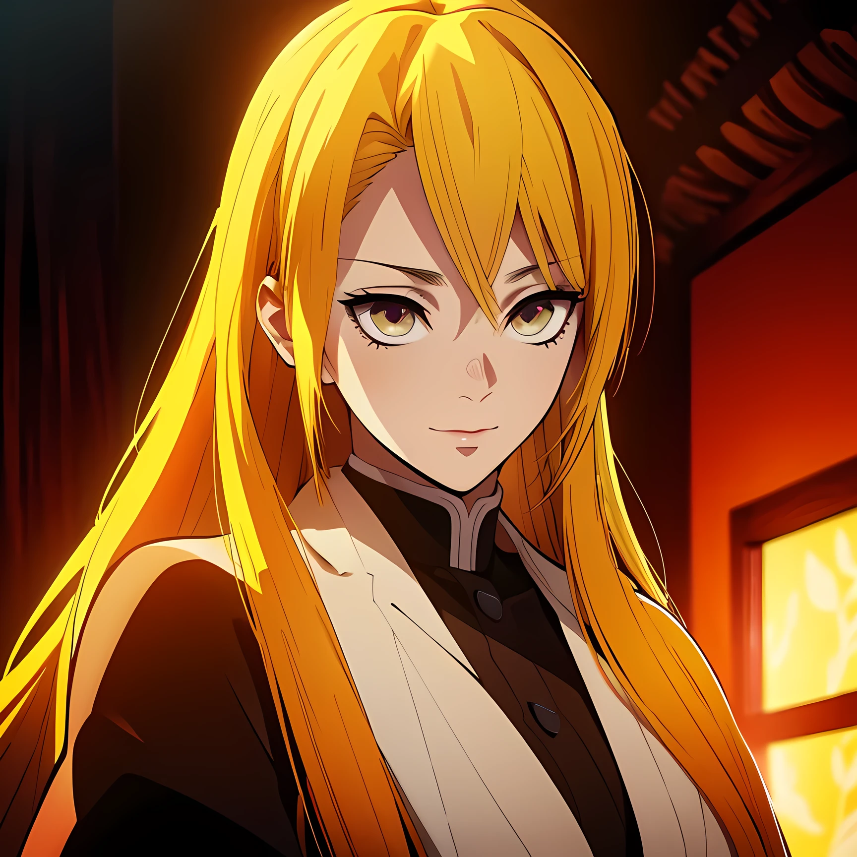 long yellow hair, amber eyes, icon, profile, focus on character's face, nervous smile, (best quality,4k,8k,highres,masterpiece:1.2),ultra-detailed,(realistic,photorealistic,photo-realistic:1.37),intricate details,highly detailed facial features,delicate skin texture,complex hair strands,cinematic lighting,dramatic shadows,warm color palette,vibrant colors,serene expression