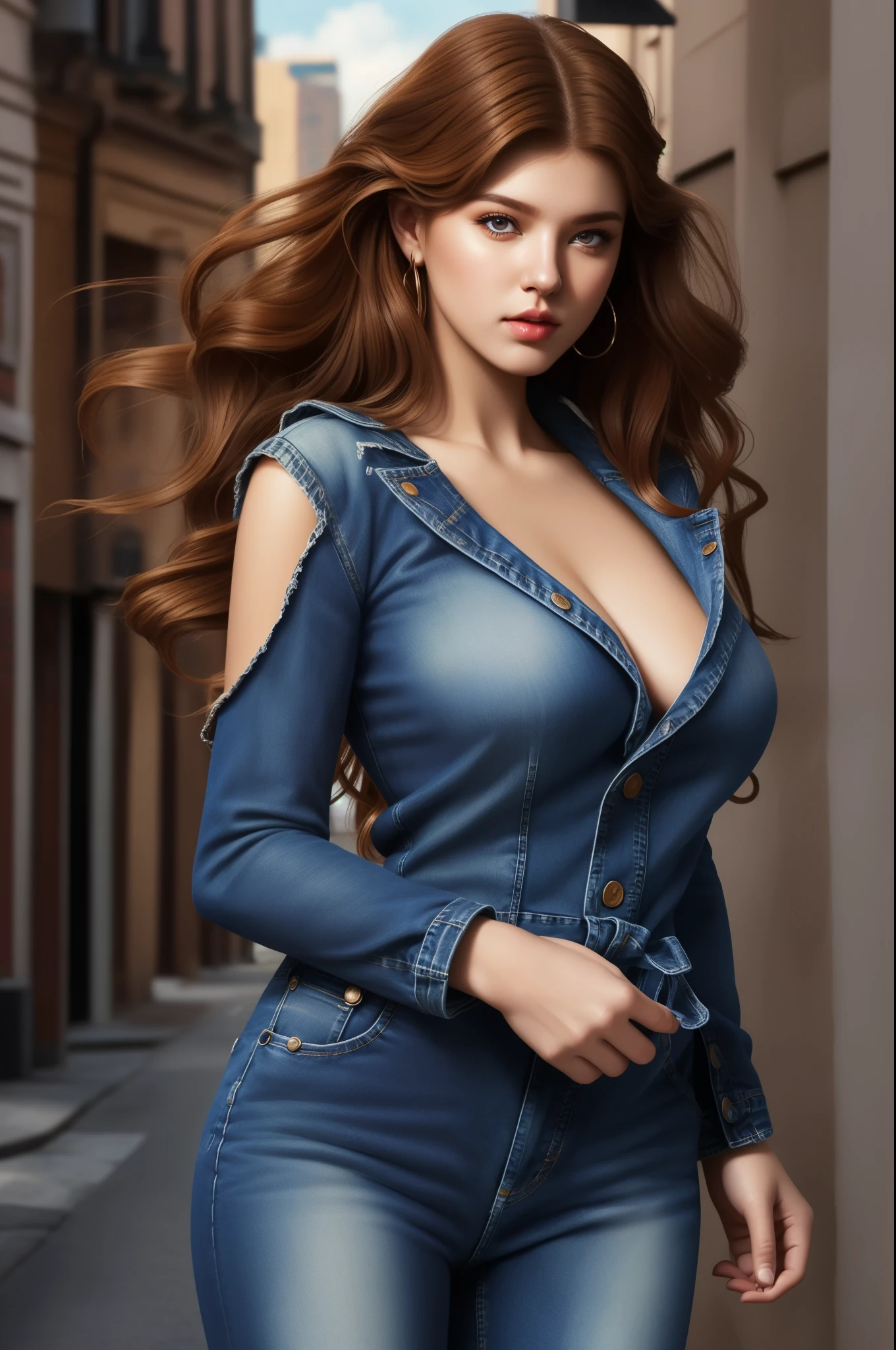 beautiful girl, (street style wear:1.2), (city background:1.2), dark makeup, digital art, trending on artstation, aesthetic, (hyperrealistic), (illustration), (high resolution), (8K), (extremely detailed), (best illustration), (beautiful detailed eyes), (best quality), (ultra-detailed), (masterpiece), (wallpaper), (photorealistic), (natural light), (rim lighting), (detailed face), (high detailed realistic skin texture), (anatomically correct), (solo), (1 girl), (high detailed realistic hair), (caramel hair:1.35), (heterochromic eyes), (detailed eyes), (light-brown eyes:1.37), (sparkling eyes), (realistic big breasts:1.5), (long legs), (slender abs), (dynamic pose), (closed tiny mouth:1.3), (concentrated expression), (topless:1.51), (exposed breasts cleavage:1.35), (jumpsuit jeans:1.49), (upon body from head to thigh:1.55)