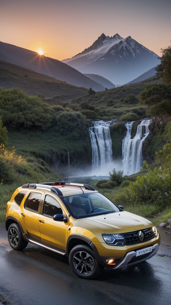 Renault Duster SUV model 2014 red car with black details, Off-Road type roof rack with spotlights, main object centered in the image, scenery with mountains and waterfall background, (sunset), excellent quality, 8k