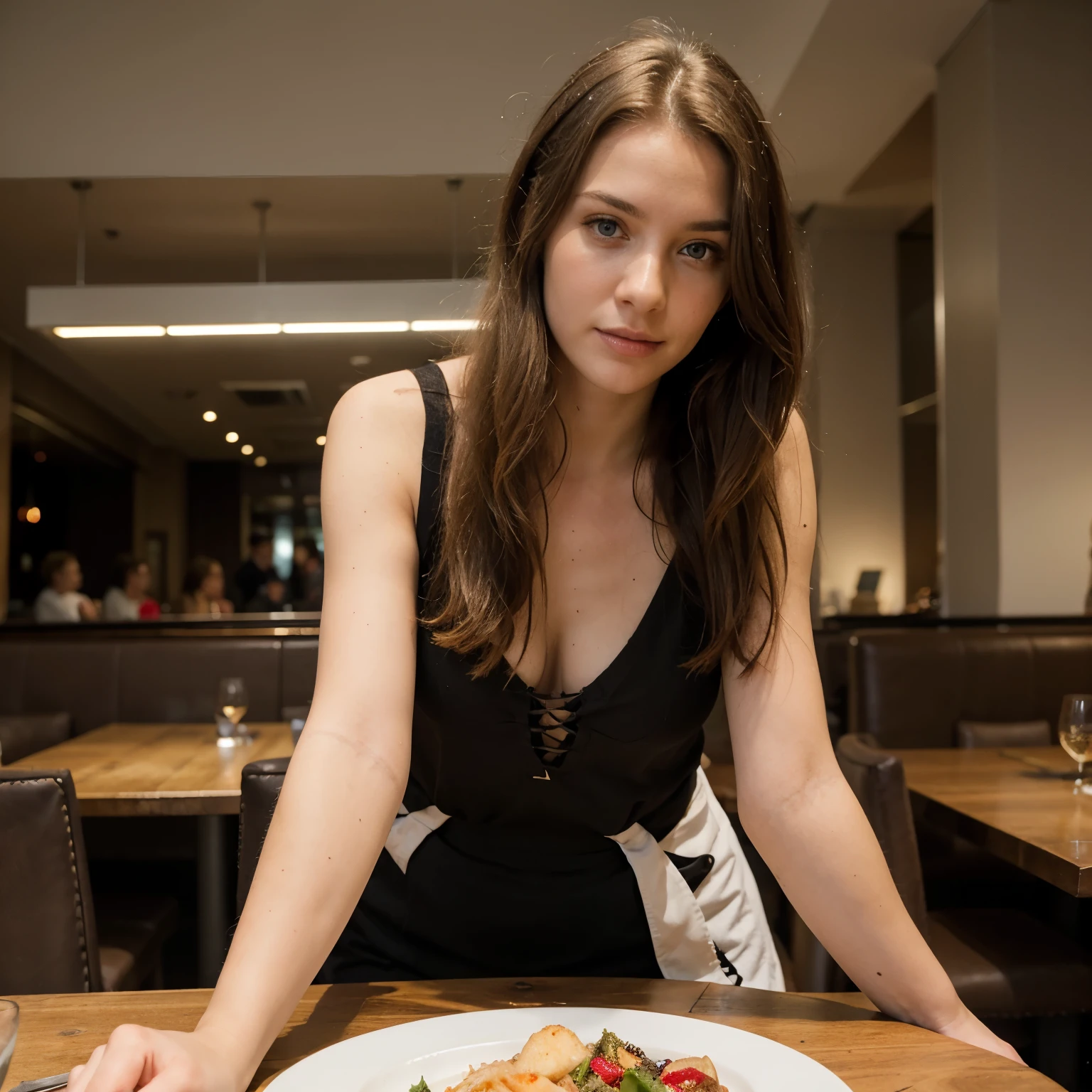 ((Best quality)), ((Meisterwerk)), perfektes Gesicht, amerikanisch , Blonde Haare, 26 Jahre alt, Modell, Nice, attraktives und erstaunliches Aussehen, Extremely beautiful, in a restaurant , sexy dressed
