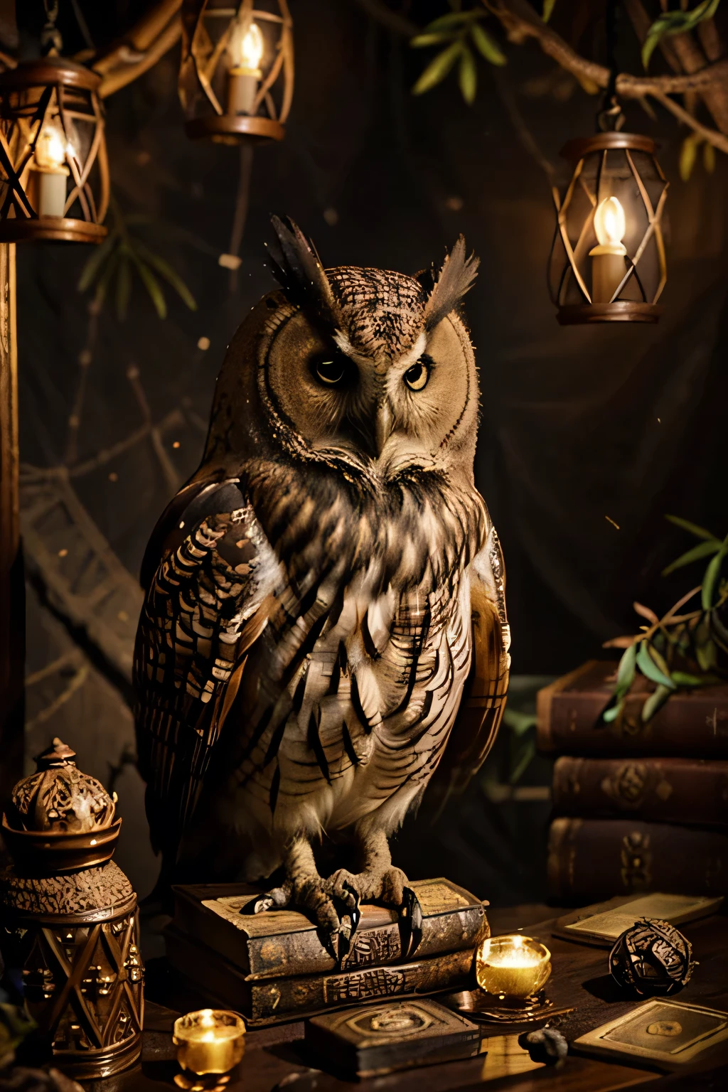 “Create a dark and mystical illustration of a majestic owl, com penas em tons de marrom e ocre, perched on a set of old, worn tarot cards. As cartas, also in earthy tones, display arcane and mysterious symbols, evoking an atmosphere of divination and hidden knowledge.”