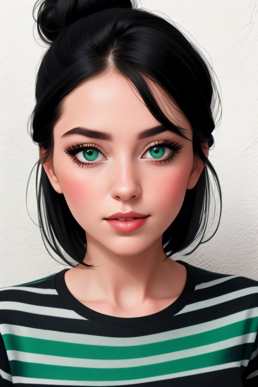 (best quality, highres:1.2), ultra-detailed, realistic:1.37, portraits, seductive gaze,detailed beautiful eyes,detailed long eyelashes,detailed lips,parted lips,intense blush,soft smile,soft smile and gaze,sexy woman, messy bun hairstyle, black hair,luscious black hair,cute bun, black and white striped t shirt, dark green skirt,medium chest, perfect body