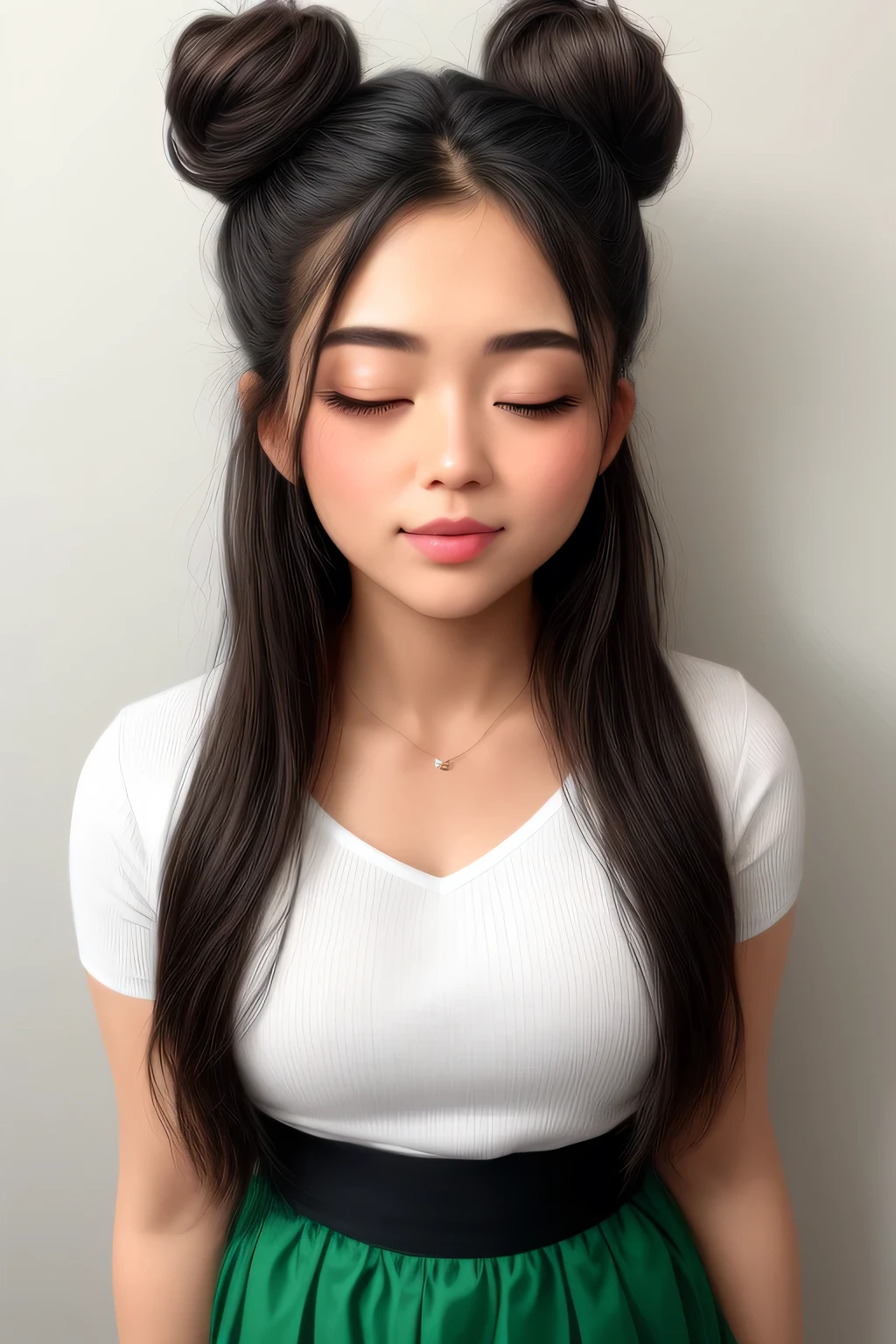 (best quality, highres:1.2), ultra-detailed, realistic:1.37, portraits, seductive gaze,detailed beautiful eyes,detailed long eyelashes,detailed lips,parted lips,intense blush,soft smile,soft smile and gaze,sexy woman, messy bun hairstyle, black hair,luscious black hair,cute bun, black and white striped t shirt, dark green skirt,medium chest, perfect body