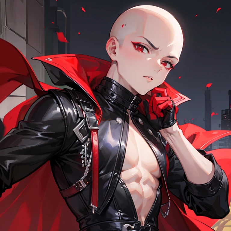 young bald man, plump lips, red eyes, muscular, black eyeliner, sensual, nighttime, black leather jumsuit, small waist, red gloves, red hig heels boots, red villain cape, small waist, city, sensual ambience, androgynous, red moon,  masculine body, cute face, soft face, perfect cute face, fit muscular body, close up, sensual stare, androgynous face