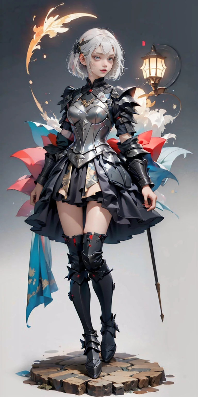 (gray background)(masterpiece) ultra-detailed solo 1girl hands on sides medium breasts, (full body standing), RED EYES detailed eyes, full plate armor, confident smile, staring at the viewer, silver white hair, short bob style hair