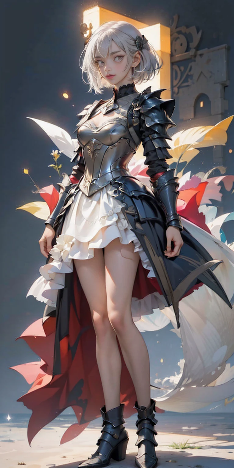 (gray background)(masterpiece) ultra-detailed solo 1girl hands on sides medium breasts, (full body standing), RED EYES detailed eyes, full plate armor, confident smile, staring at the viewer, silver white hair, short bob style hair