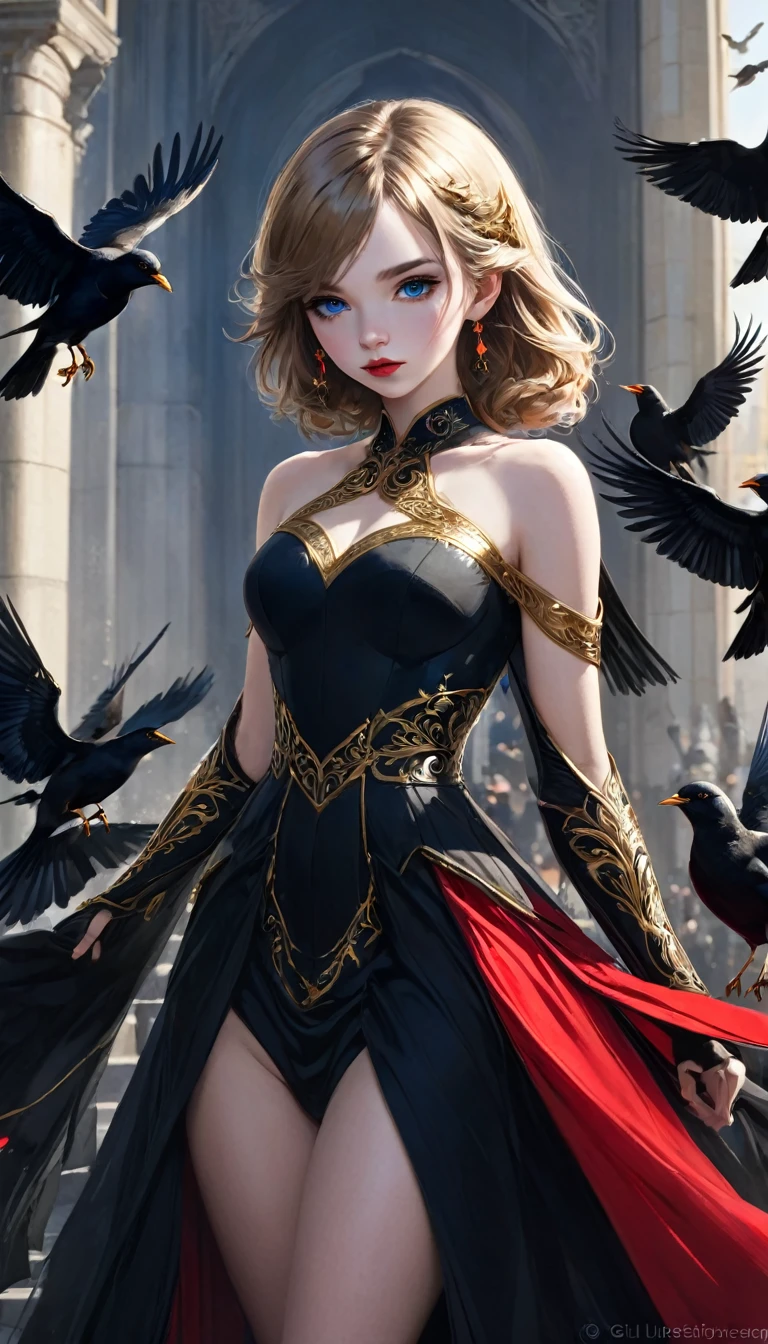 Woman, 1girl, Blue eyes, beautiful face, red lips, Black dress with Golden details, full body, warrior, black birds, white birds, very aesthetic, professional lighting, natural light, intricate, masterpiece, absurdres, best quality, extremaly detailed eyes, gothic, elf, armor