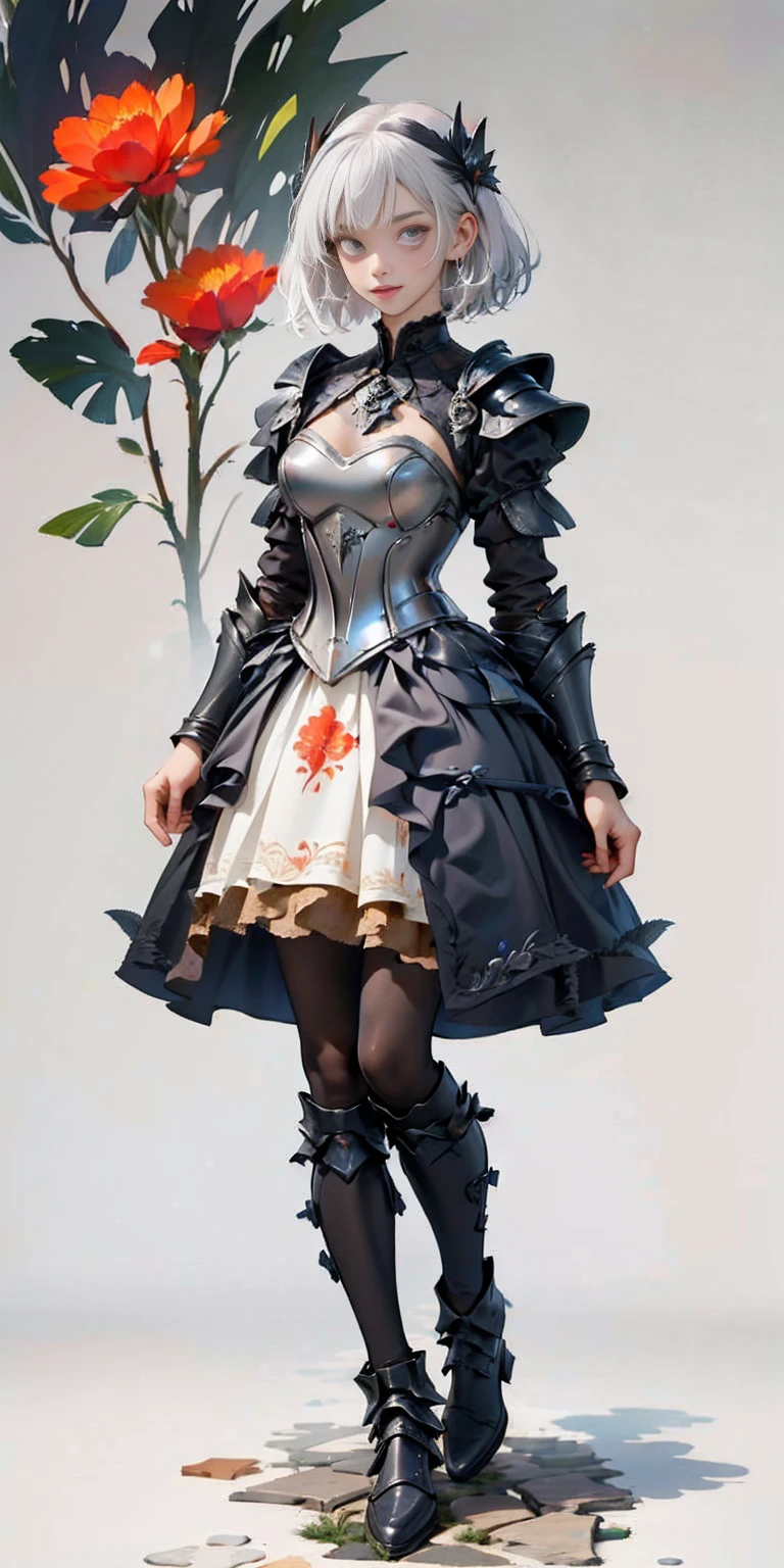 (gray background)(masterpiece) ultra-detailed solo 1girl hands on sides medium breasts, (full body standing), RED EYES detailed eyes, full plate armor, confident smile, staring at the viewer, silver white hair, short bob style hair