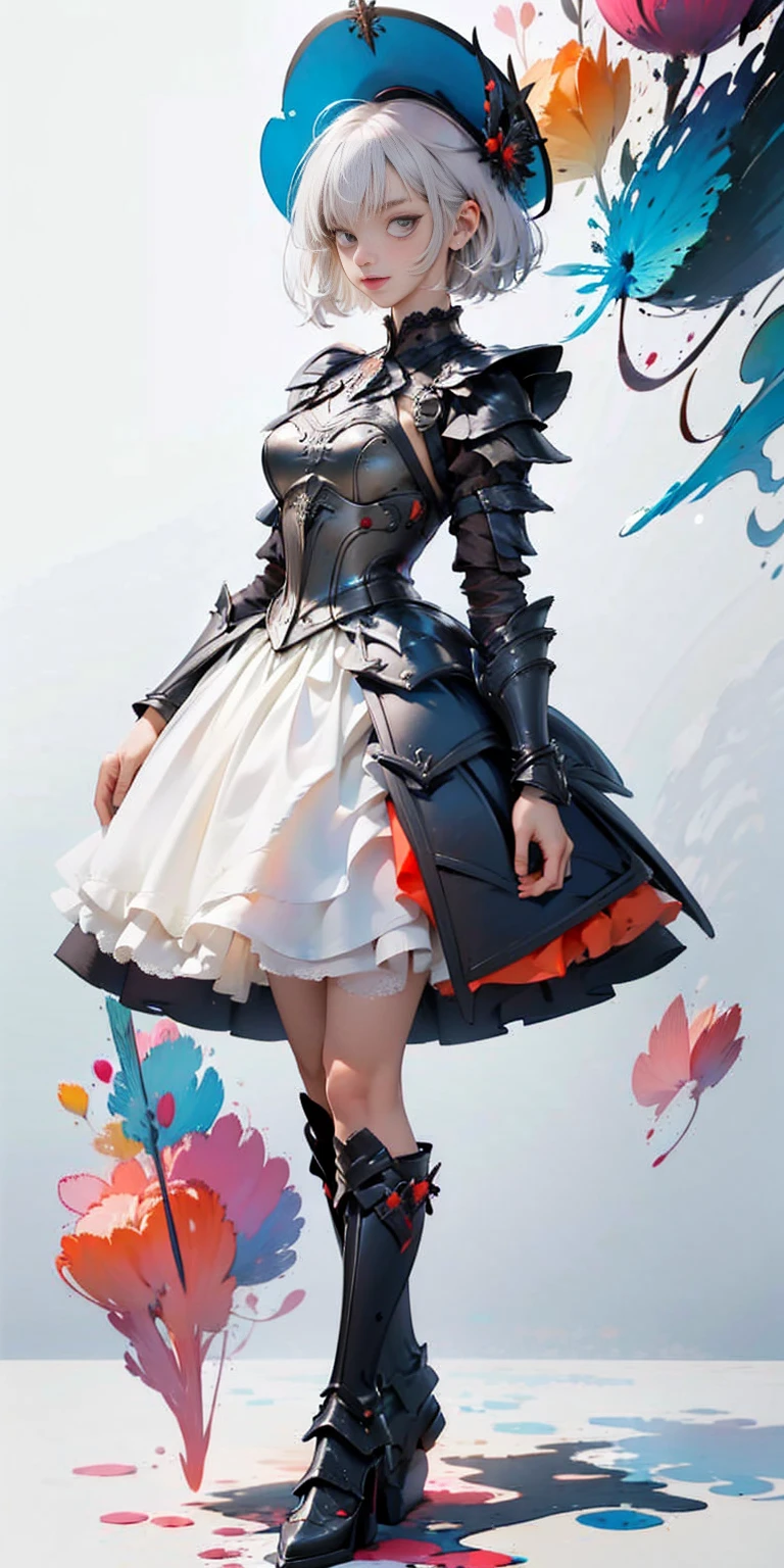 (gray background)(masterpiece) ultra-detailed solo 1girl hands on sides medium breasts, (full body standing), RED EYES detailed eyes, full plate armor, confident smile, staring at the viewer, silver white hair, short bob style hair