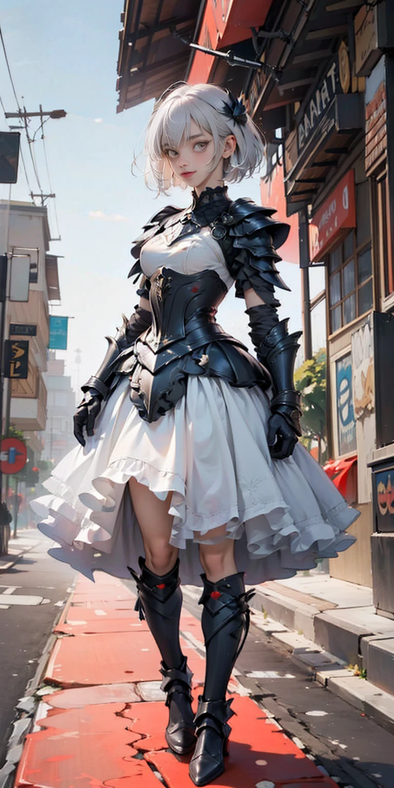 (gray background)(masterpiece) ultra-detailed solo 1girl hands on sides medium breasts, (full body standing), RED EYES detailed eyes, full plate armor, confident smile, staring at the viewer, silver white hair, short bob style hair