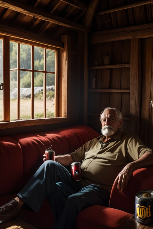 A picture of an old man in an old hut;sitting on an old red couch;holding a can of beer in on hand;smoking Cohiba cigar with other hand;watching television;