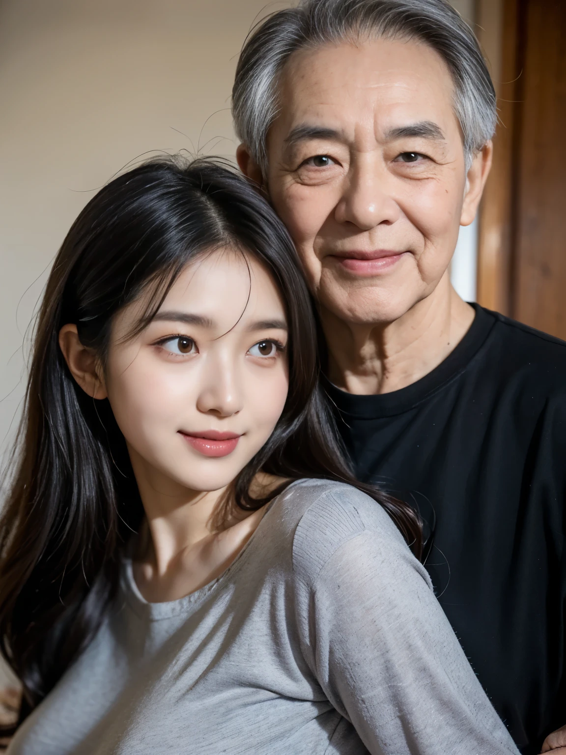 age difference man and woman japanese couple, photo of two people, Male in his 60s, Female in her 30s, cheek to cheek, background is the city, woman that big breasts and slender figure, Realistic teeth, double eyelids, smile, waist up shot