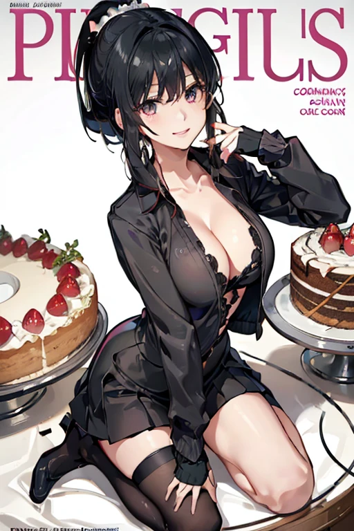 1 girl, small nose, very beautiful detailed face and eyes, bright colors, cute face, delicate beautiful face, Bright magenta eyes, cute eyes, sparkling eyes, Big eyes, (big breasts:1.3), (perky chest:1.1), (pointed chest:1.0), (cake magazine cover:1.3),highest quality, WorKs of masters, High resolution,BlacK color hair,shiny hair, side ponytail,hair between eyes,bangs, (black jacket, real clothes, cleavage, black skirts, black thighhighs, thigh strap, fingerless gloves, single glove:1.2) , spread legs, panties shot, medium hips, glamorous body, white skin, smile, thin pubric hair, super beautiful face, Super beautiful eyes, Super beautiful hair,trendy outfit,sexy and attractive,full body esbian, Real World, Natural light,perfect Natural light,(with sparkling eyes and a contagious smile), This masterpiece is not only visually stunning but also tells, make of cake cooking , in the kitchen, open mouth, looking at viewer,