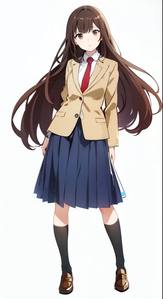 (white background:1.0), (best quality:1.0), (masterpiece:1.0), (full body:1.0), (solo:1.0), (a 17yo girl:1.0), (long skirt:1.0), (dark blue skirt:1.0), (pleated skirt:1.0), (school uniform beige blazer:1.0), (red necktie:1.0), (black socks:1.0), (loafers:1.0), (tall:1.0), (slender:1.0), (small breasts:1.0), (detailed beautiful eyes:1.0), (detailed beautiful face:1.0), (glowing black eyes:1.0), (long hair:1.0), (strait hair:1.0), (brown hair:1.0), (standing:1.0), (looking at viewer:1.0)