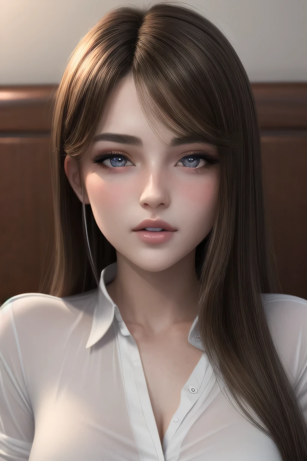 (best quality,highres:1.2),ultra-detailed,realistic:1.37,portrait,woman with beautiful face,detailed eyes and lips,seductive eyes,long straight hair,black brown hair color,blushing intensely,lips parted,ready to kiss,long oversized white shirt,lying on bed,sexy,cute