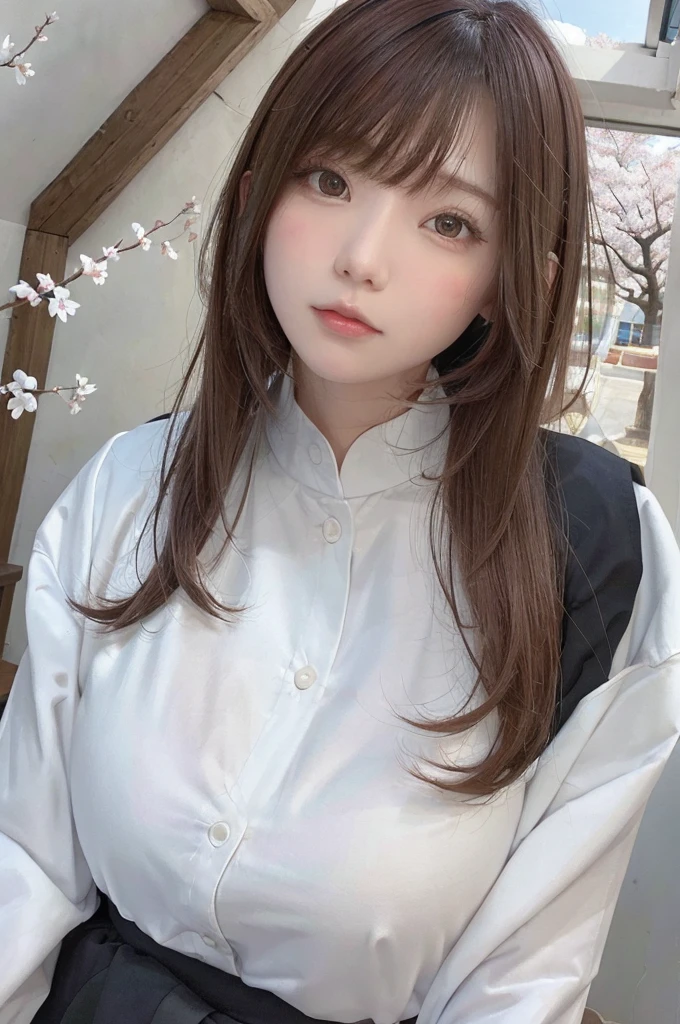 (shape: Huge Gram), (Flat Color:0.9),(colorful:1.1),(masterpiece:1,2), highest quality, masterpiece, High resolution, original, Highly detailed wallpaper, Looking at the audience,1 girl,alone,Portraiture,Pure white background and cherry blossoms,Brown Hair,Short Bob