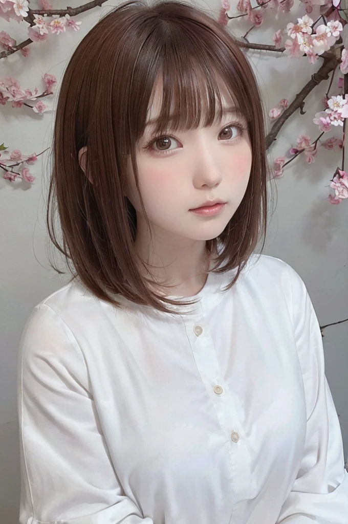 (shape: Huge Gram), (Flat Color:0.9),(colorful:1.1),(masterpiece:1,2), highest quality, masterpiece, High resolution, original, Highly detailed wallpaper, Looking at the audience,1 girl,alone,Portraiture,Pure white background and cherry blossoms,Brown Hair,Short Bob