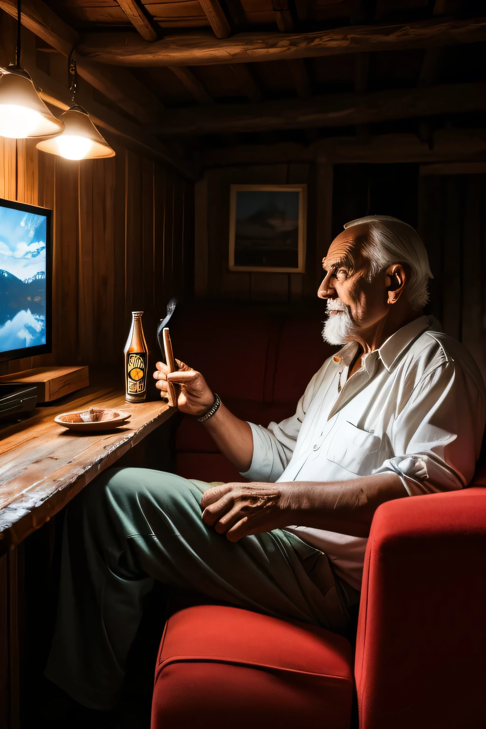 A picture of an old man in an old hut;sitting on an old red couch;holding a can of beer in on hand;smoking Cohiba cigar with other hand;watching television;