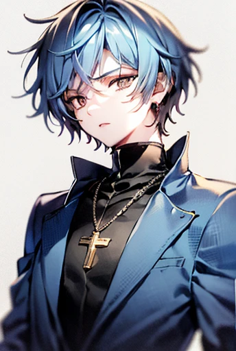 Boy Wearing blue jacket, light blue hair quite long, having separate color eye in the Right and red in the left then have a scar on in the left eye, wearing cross necklace.