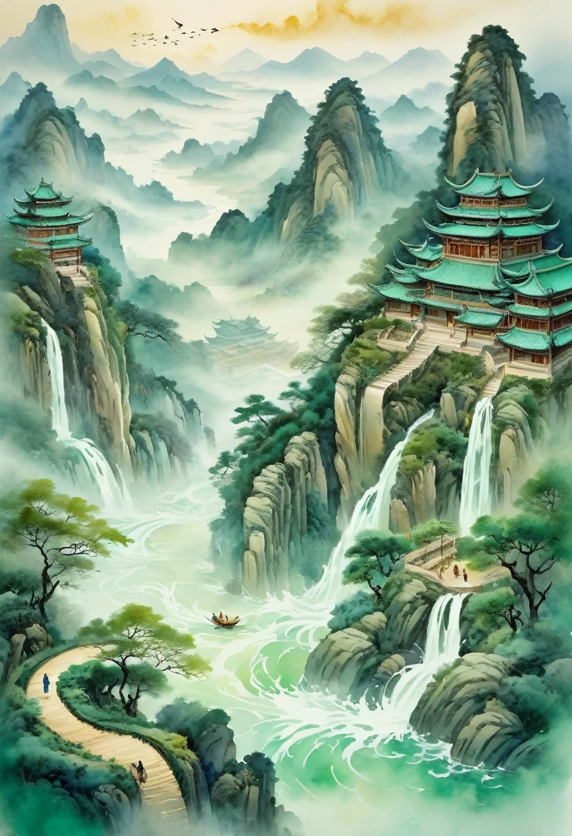 (Watercolor Landscape:1.4), Drone View. An ancient Chinese cultivator walks among many undulating scrolls of calligraphy and paintings. The scrolls are covered with calligraphic characters. He is holding a long sword and wearing a flowing silk Chinese dress with long hair flowing in the wind. Pale gold and emerald green. The scene looks grand in scale from above. Clear light and shadow, subtle starlight floating in the sky, creating a dreamy surreal atmosphere. Ultra-high resolution, the overall composition is very artistic and spatial. Brushstrokes, soft flow, history painting, best quality, masterpiece, very aesthetic, perfect composition, intricate details, ultra-detailed