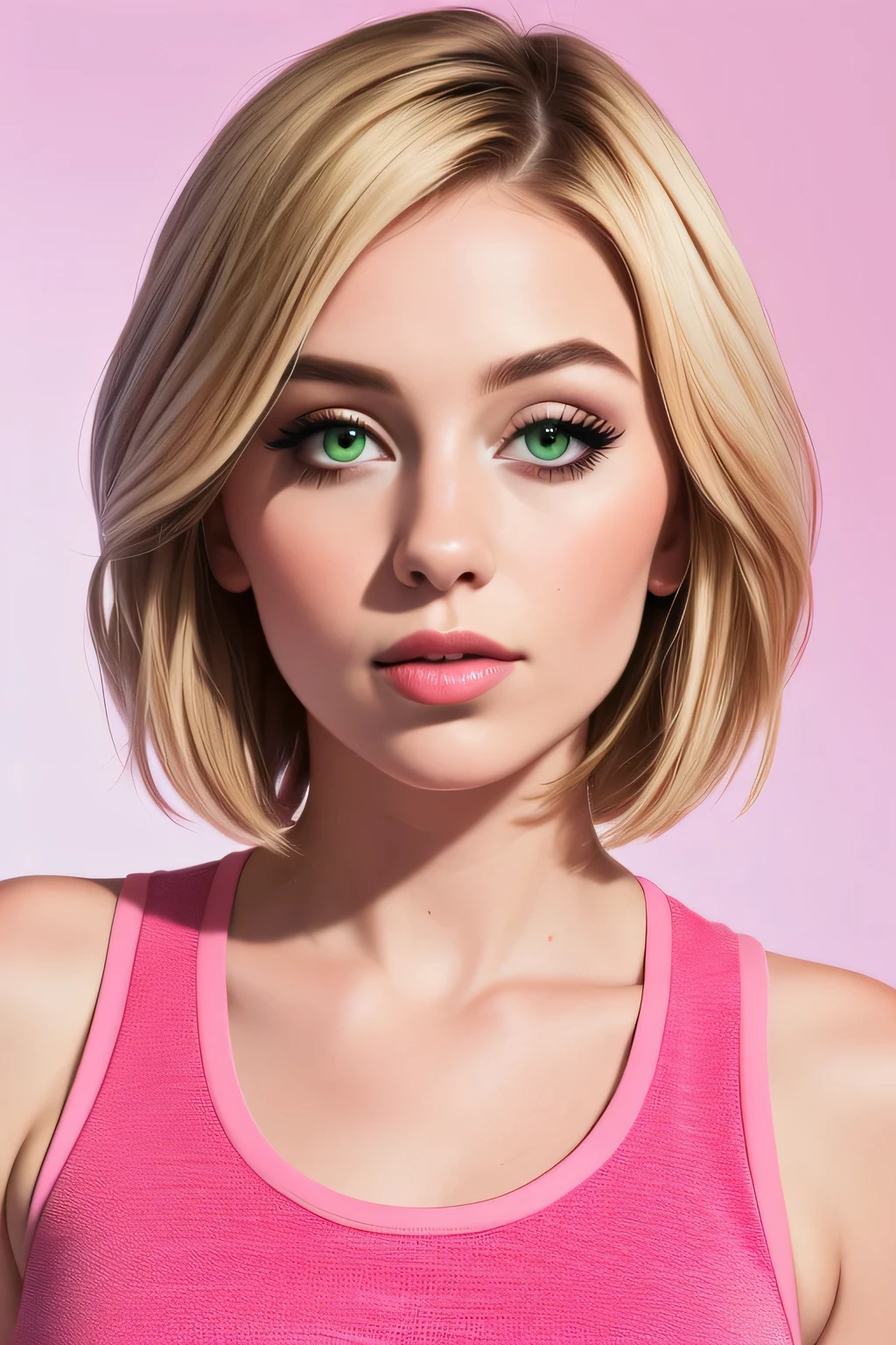 (best quality,4k,8k,highres,masterpiece:1.2),ultra-detailed,(realistic,photorealistic,photo-realistic:1.37),portrait,sexy woman,beautiful face,blonde hair,short bob hairstyle,seductive gaze,green eyes,pale skin turning pink,beautiful pink lips parted,sleeveless tight red crop top,denim short shorts