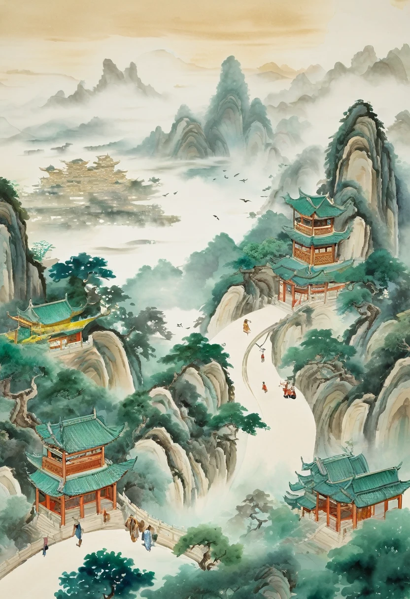 (Watercolor Landscape:1.4), chinese style, Drone View. An ancient Chinese cultivator walks among many undulating scrolls of calligraphy and paintings. The scrolls are covered with calligraphic characters. He is holding a long sword and wearing a flowing silk Chinese dress with long hair flowing in the wind. Pale gold and emerald green. The scene looks grand in scale from above. Clear light and shadow, subtle starlight floating in the sky, creating a dreamy surreal atmosphere. Ultra-high resolution, the overall composition is very artistic and spatial. Brushstrokes, soft flow, history painting, best quality, masterpiece, very aesthetic, perfect composition, intricate details, ultra-detailed