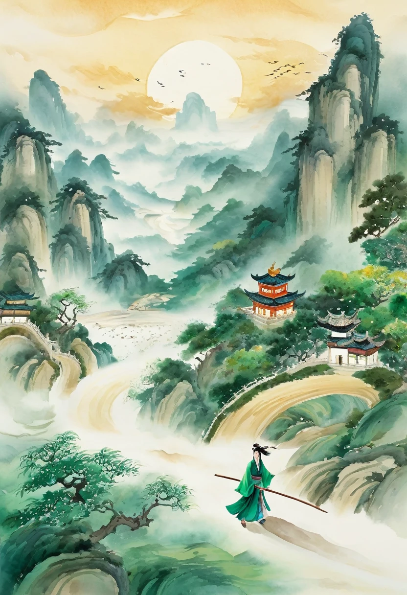 (Watercolor Landscape:1.4), chinese style, Drone View. An ancient Chinese cultivator walks among many undulating scrolls of calligraphy and paintings. The scrolls are covered with calligraphic characters. He is holding a long sword and wearing a flowing silk Chinese dress with long hair flowing in the wind. Pale gold and emerald green. The scene looks grand in scale from above. Clear light and shadow, subtle starlight floating in the sky, creating a dreamy surreal atmosphere. Ultra-high resolution, the overall composition is very artistic and spatial. Brushstrokes, soft flow, history painting, best quality, masterpiece, very aesthetic, perfect composition, intricate details, ultra-detailed