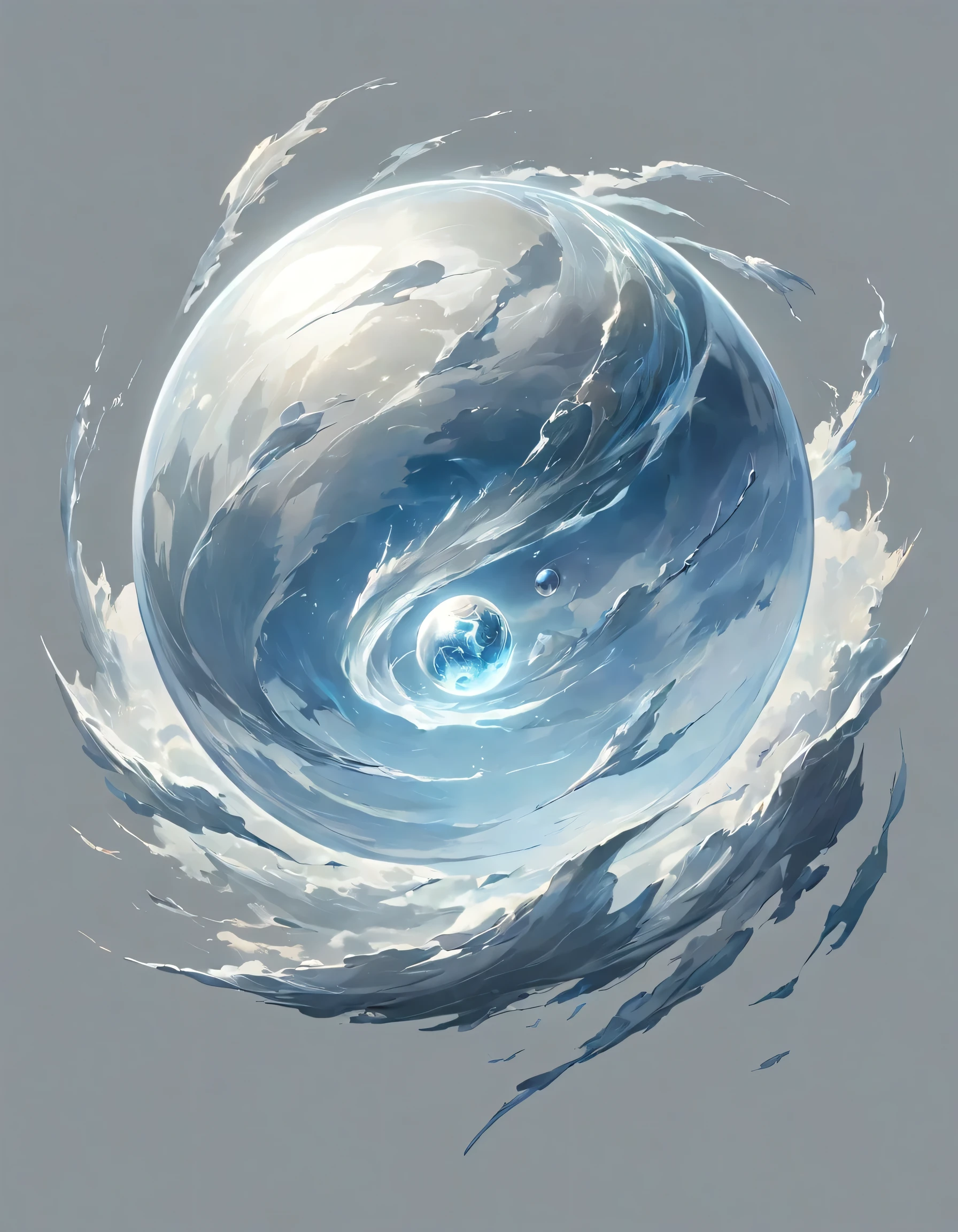 masterpiece, best quality, official art, painting, 2D icon to be used for a card game, the icon is a small bright translucent light grey sphere with a tornado symbol at its center, the sphere is floating mid-air, the sphere is transparent and almost completely invisible, medieval fantasy art style, simple light background, 8k, zoomed out