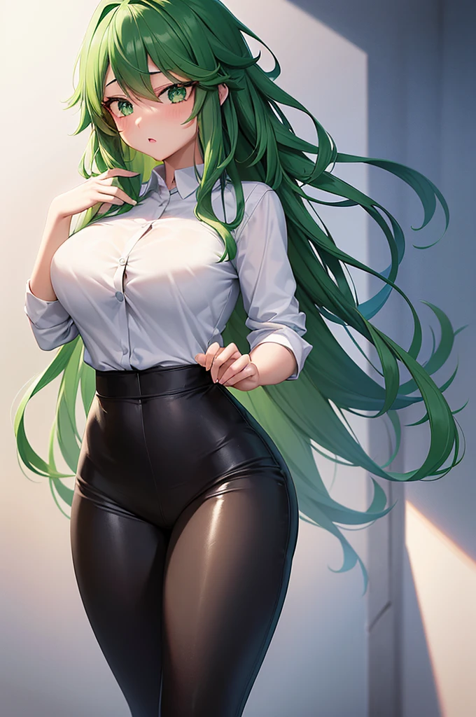 1girl, Izuku Midoriya as a girl, female Izuku Midoriya, gender swapped Izuku, Izuku Midoriya as a girl, gender swap, female Izuku Midoriya (anime: my hero academia), female/girl/woman, beautiful green hair, green hair, green eyes, beautiful green eyes, detailed green eyes, perfect eyes, nice figure, great body, good feminine figure, great curves, wearing(black leggings, white knotted shirt, coat), white shirt, white knotted shirt, white shirt, black leggings, detailed Matt black leggings, matt black flex gym leggings, 8k, highly detailed, perfect image, beautiful, photorealistic, high quality, exquisite detail
