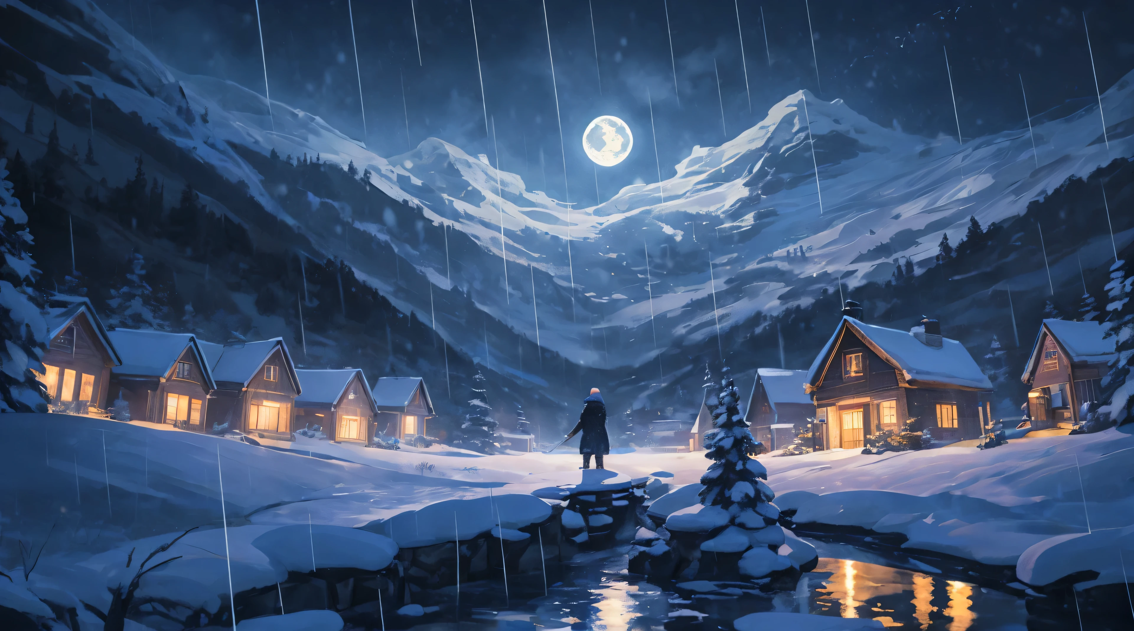 ((best quality)), ((masterpiece)), (detailed), in the night, in the light of the moon, volumetric lighting, , Masterpiece, Best quality, sky, raining , a flowtting land, snow,night