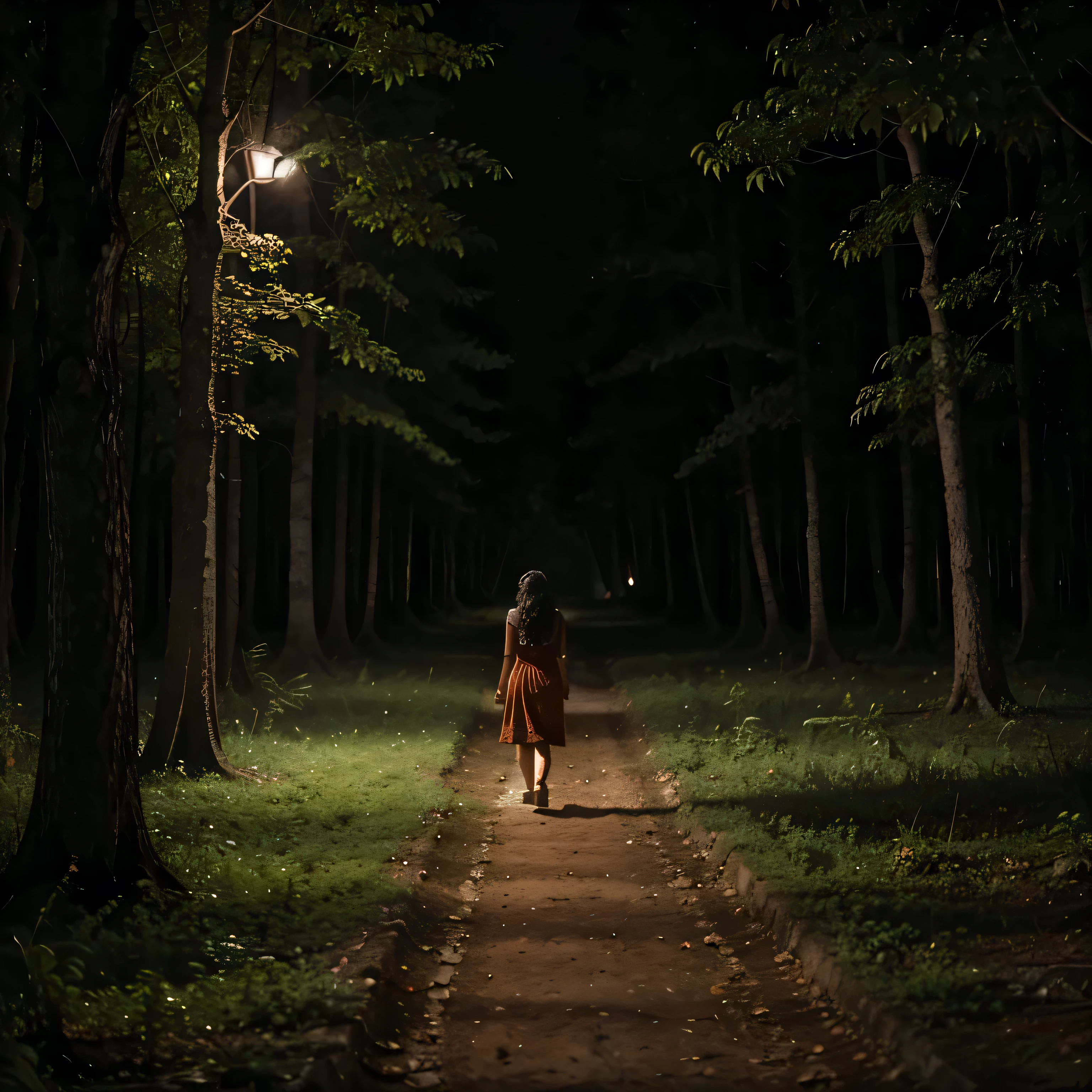 A lonely Indian girl walking in the forest at night