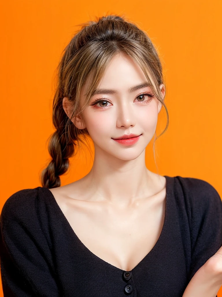 (masterpiece, highest quality, sfw:1.8),1 girl, alone, realistic, realistic, light colored black eyes, black twin braids hair with highly detailed shiny hair, Winter clothes, Whity, lips, bangs, outdoor, closed mouth, Upper body、Big eyes、eyelash、((very simple orange background:1.8))、(((Black French Braid, Big eyes、big and full chest、avoiding eye contact 、beautiful beauty、show me your ears、long neck、low hairline)))、ideal body proportions、{Huge|big|Huge|mega} chest, cleavage:2, Blushing, Shy smile, Embarrassed, Flushed cheeks, Timid expression, Coy look, Bashful, Sheepish grin