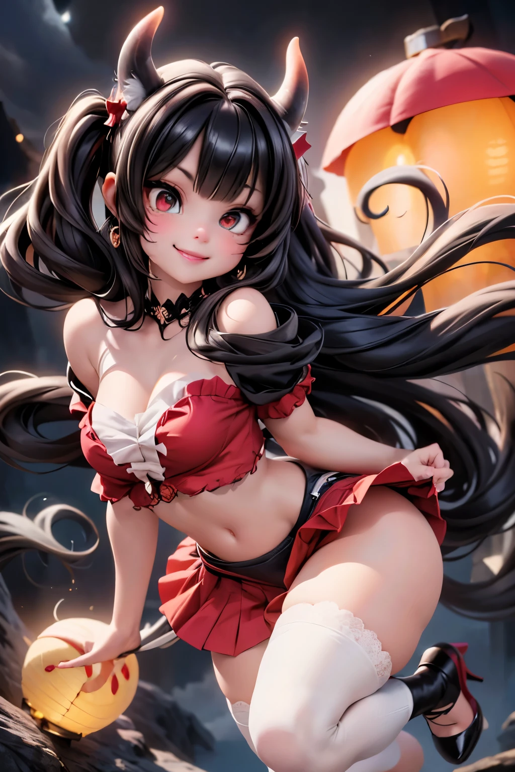 a Senorita Bonita horned demon smiling, large black hair, big earrings, (red smokey eyes makeup), (red eyeshadow makeup), strapless lace cloth (crop) shirt, puffy bubble skirt, white large socks, black (pumps), leaning forward, hand to the front, joyful pose, dynamis cngle, magical glowing chasm garden at night, fantasy creepy workd, face scratches, hair and clothing moving with the wind, magical lanterns floating all around, sfw