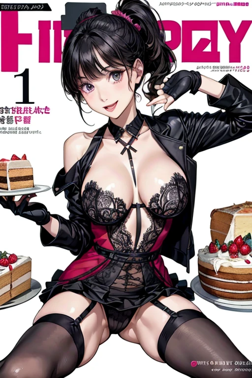 1 girl, small nose, very beautiful detailed face and eyes, bright colors, cute face, delicate beautiful face, Bright magenta eyes, cute eyes, sparkling eyes, Big eyes, (big breasts:1.3), (perky chest:1.1), (pointed chest:1.0), (cake magazine cover:1.3)，highest quality, WorKs of masters, High resolution,BlacK color hair，shiny hair, side ponytail,hair between eyes,bangs, (black jacket, real clothes, cleavage, black skirts, black thighhighs, thigh strap, fingerless gloves, single glove:1.2) , spread legs, panties shot, medium hips, glamorous body, white skin, smile, thin pubric hair, super beautiful face, Super beautiful eyes, Super beautiful hair，trendy outfit，sexy and attractive,full body esbian, Real World, Natural light,perfect Natural light,(with sparkling eyes and a contagious smile), This masterpiece is not only visually stunning but also tells, make of cake cooking , in the kitchen, open mouth, looking at viewer, 