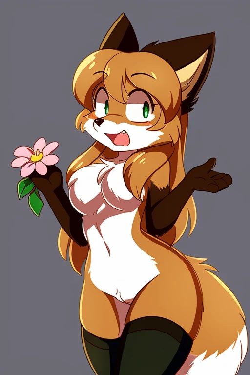 Nervous smiling, uploaded the e621, simple background, beautiful and detailed, woman (((female))) ((anthro)) Fox, (Averi, Fox girl), cinematic lighting, Fox, (anthro, fluffy fur, character focus:1.1), 1girl, anthro fox girl, body fur, curvy, sexy, nice, cute, hot, looking scared, comfortable anime-style cartoon-style, digital drawing, (half-closed eyes), green eyes, SFW, wearing striped thigh highs, striped thigh highs, shocked expression, ghost, holding flower in hand
