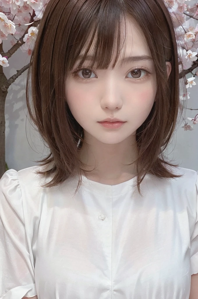 (shape: Huge Gram), (Flat Color:0.9),(colorful:1.1),(masterpiece:1,2), highest quality, masterpiece, High resolution, original, Highly detailed wallpaper, Looking at the audience,1 girl,alone,Portraiture,Pure white background and cherry blossoms,Brown Hair,Short Bob,field