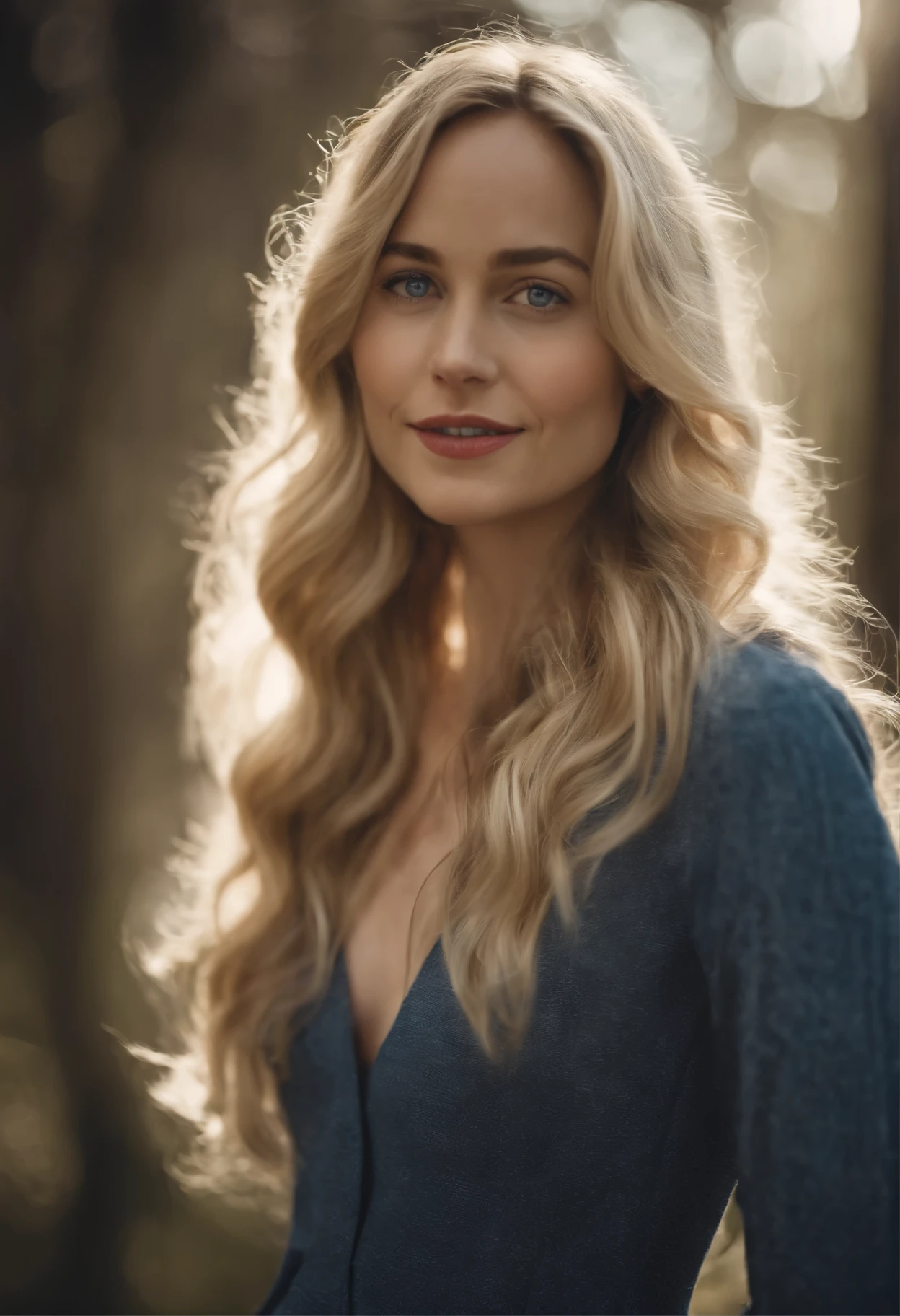 Age: 28 years old
Appearance: A beautiful blonde woman with long, wavy hair, bright blue eyes, and fair skin. Her face resembles that of actress Dakota Johnson, with delicate features and a charming smile.
Height: 1.70 m