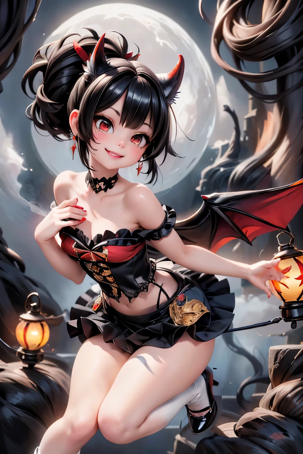 a Senorita Bonita horned demon smiling, black feathered wings, large black hair, big earrings, (red smokey eyes makeup), (red eyeshadow makeup), strapless lace cloth (crop) shirt, puffy bubble skirt, white large socks, black (pumps), leaning forward, hand to the front, joyful pose, (dynamic angle), magical glowing chasm garden at night, fantasy creepy workd, face scratches, hair and clothing moving with the wind, magical lanterns floating all around, sfw
