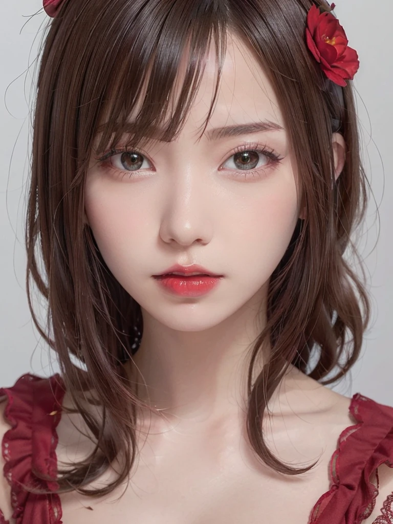 (masterpiece),(highest quality:1.0), (Ultra-high resolution:1.0), Detail view, 8k, anime, One girl, beautiful anime girl, Wearing a red dress, Flower Crown, Pretty face, Detailed face, Beautiful Eyes, Fine grain, Dark red eyes, Bright red lips, Red lipstick, Beautiful and stylish hair, Hair highlights, bangs anime style, highest quality, Vibrant