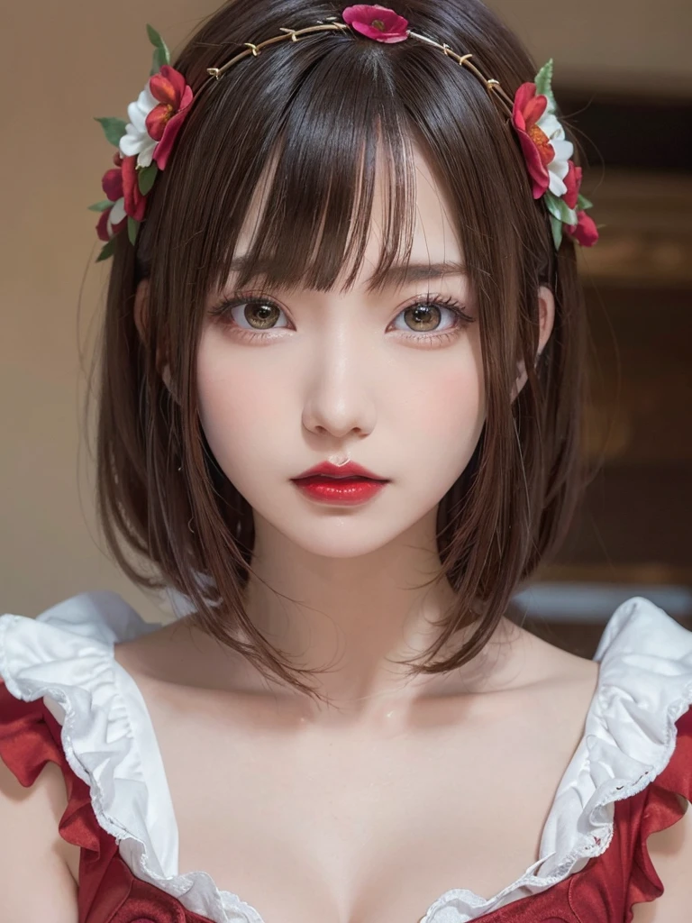(masterpiece),(highest quality:1.0), (Ultra-high resolution:1.0), Detail view, 8k, anime, One girl, beautiful anime girl, Wearing a red dress, Flower Crown, Pretty face, Detailed face, Beautiful Eyes, Fine grain, Dark red eyes, Bright red lips, Red lipstick, Beautiful and stylish hair, Hair highlights, bangs anime style, highest quality, Vibrant,smile
