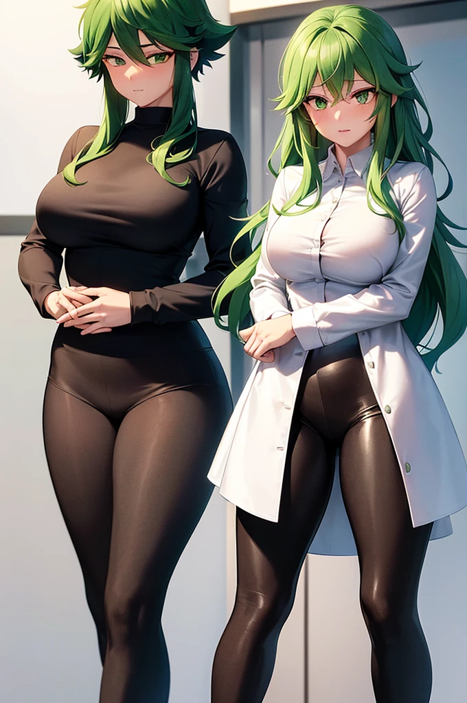 1girl, Izuku Midoriya as a girl, female Izuku Midoriya, gender swapped Izuku, Izuku Midoriya as a girl, gender swap, female Izuku Midoriya (anime: my hero academia), female/girl/woman, beautiful green hair, green hair, green eyes, beautiful green eyes, detailed green eyes, perfect eyes, nice figure, great body, good feminine figure, great curves, wearing(black leggings, white knotted shirt, coat), white shirt, white knotted shirt, white shirt, black leggings, detailed Matt black leggings, matt black flex gym leggings, 8k, highly detailed, perfect image, beautiful, photorealistic, high quality, exquisite detail