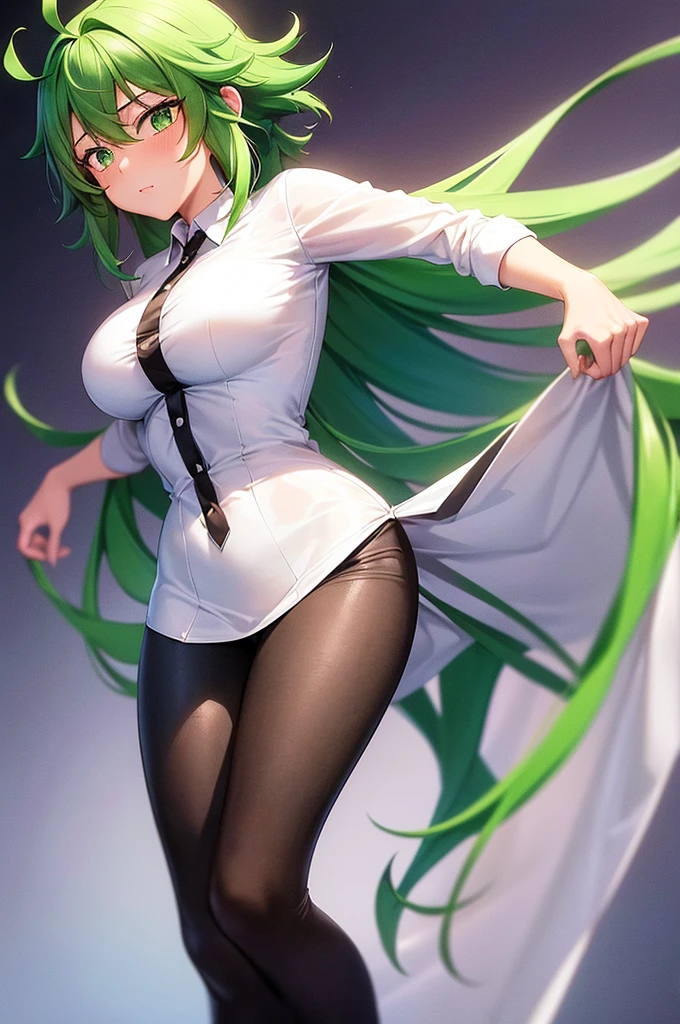 1girl, Izuku Midoriya as a girl, female Izuku Midoriya, gender swapped Izuku, Izuku Midoriya as a girl, gender swap, female Izuku Midoriya (anime: my hero academia), female/girl/woman, beautiful green hair, green hair, green eyes, beautiful green eyes, detailed green eyes, perfect eyes, nice figure, great body, good feminine figure, great curves, wearing(black leggings, white knotted shirt, coat), white shirt, white knotted shirt, white shirt, black leggings, detailed Matt black leggings, matt black flex gym leggings, 8k, highly detailed, perfect image, beautiful, photorealistic, high quality, exquisite detail