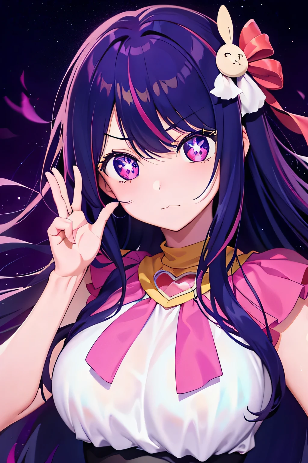 Hoshino Ai, long hair, purple hair, streaked hair ,purple eyes, star-shaped pupils, hair ornament, (masterpiece), best quality, expressive eyes, perfect face, anime girl with purple shiny hair and seifuku, medium_oppai, beautiful alluring anime woman, female anime character, official anime still, beautiful alluring anime teen, anime best girl, attractive anime girl, oppai proportions, 1 girl, sexy pose, perfect body, perfect fingers