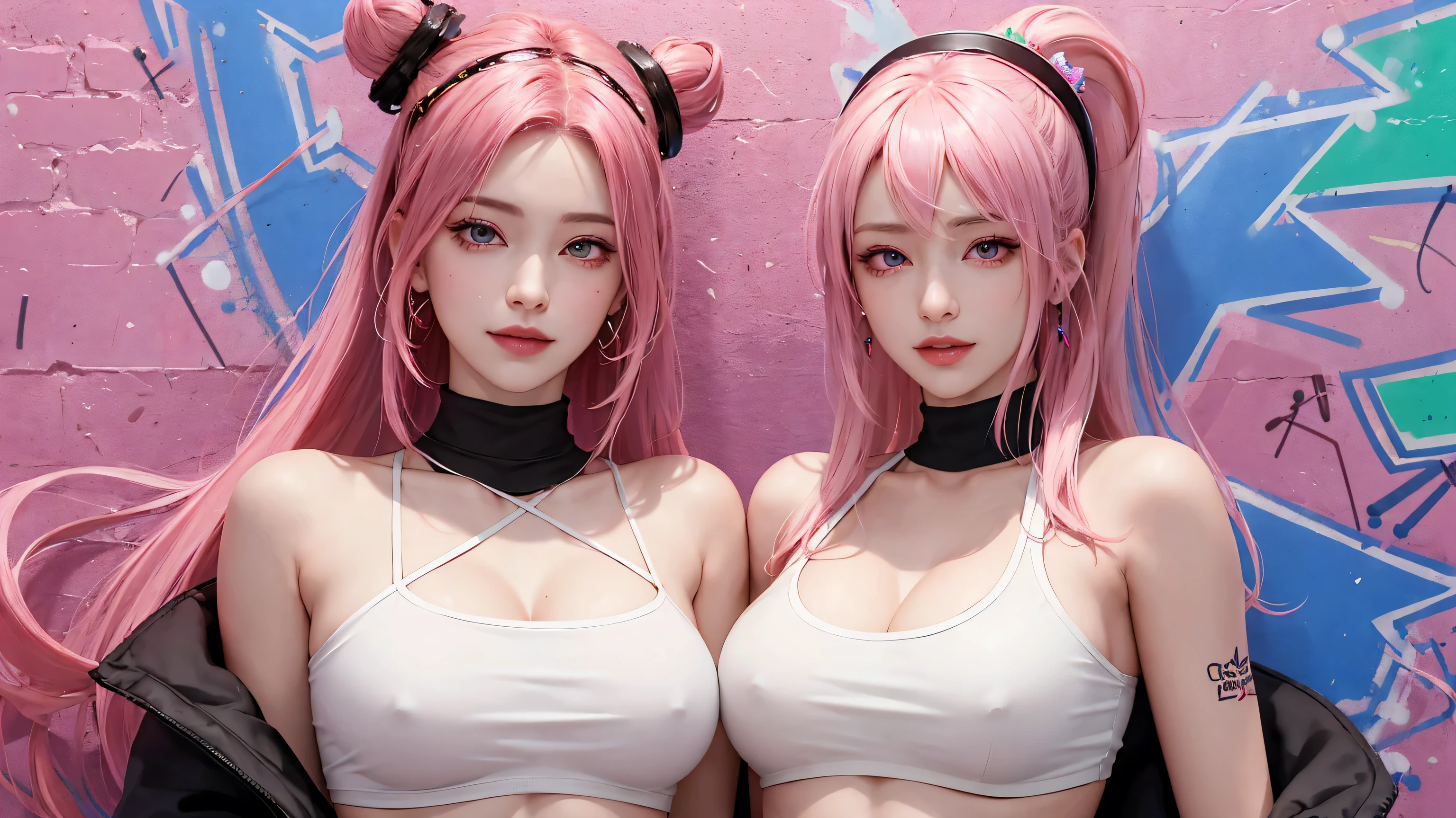 (Masterpiece, best quality, 1 girl, alone, complicated details, Chromatic aberration), realistic, ((Moderate breath)),long hair, pink hair, Red headpiece, Pink Highlights, hair on one eye,purple eyes, earring, sharp eyes, choker, Neon coat, She wears a collar, bangle, and kimono style garters., crop top, (symmetrical eyes),(Perfect symmetrical body),against the wall, Brick wall, (colorful graffiti words on the wall:1.2), The light is dim., alley ,Look at the viewer.、Dig the chest、smile、(sleeveless、Navel touch、Fitted turtleneck.)、street string hot pants、Thin bottom、Please build above the eaves..、Thin shoulders、in underwear、