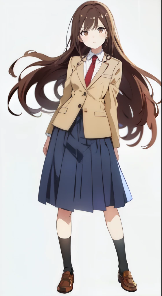(white background:1.0), (best quality:1.0), (masterpiece:1.0), (full body:1.0), (solo:1.0), (a 17yo cute girl:1.0), (long skirt:1.1), (dark blue skirt:1.0), (pleated skirt:1.0), (school uniform beige blazer:1.0), (red necktie:1.0), (black socks:1.0), (loafers:1.0), (tall:1.1), (slender:1.1), (small breasts:1.1), (detailed beautiful eyes:1.0), (detailed beautiful face:1.0), (glowing black eyes:1.0), (long hair:1.0), (strait hair:1.0), (brown hair:1.0), (standing:1.0), (looking at viewer:1.0)
