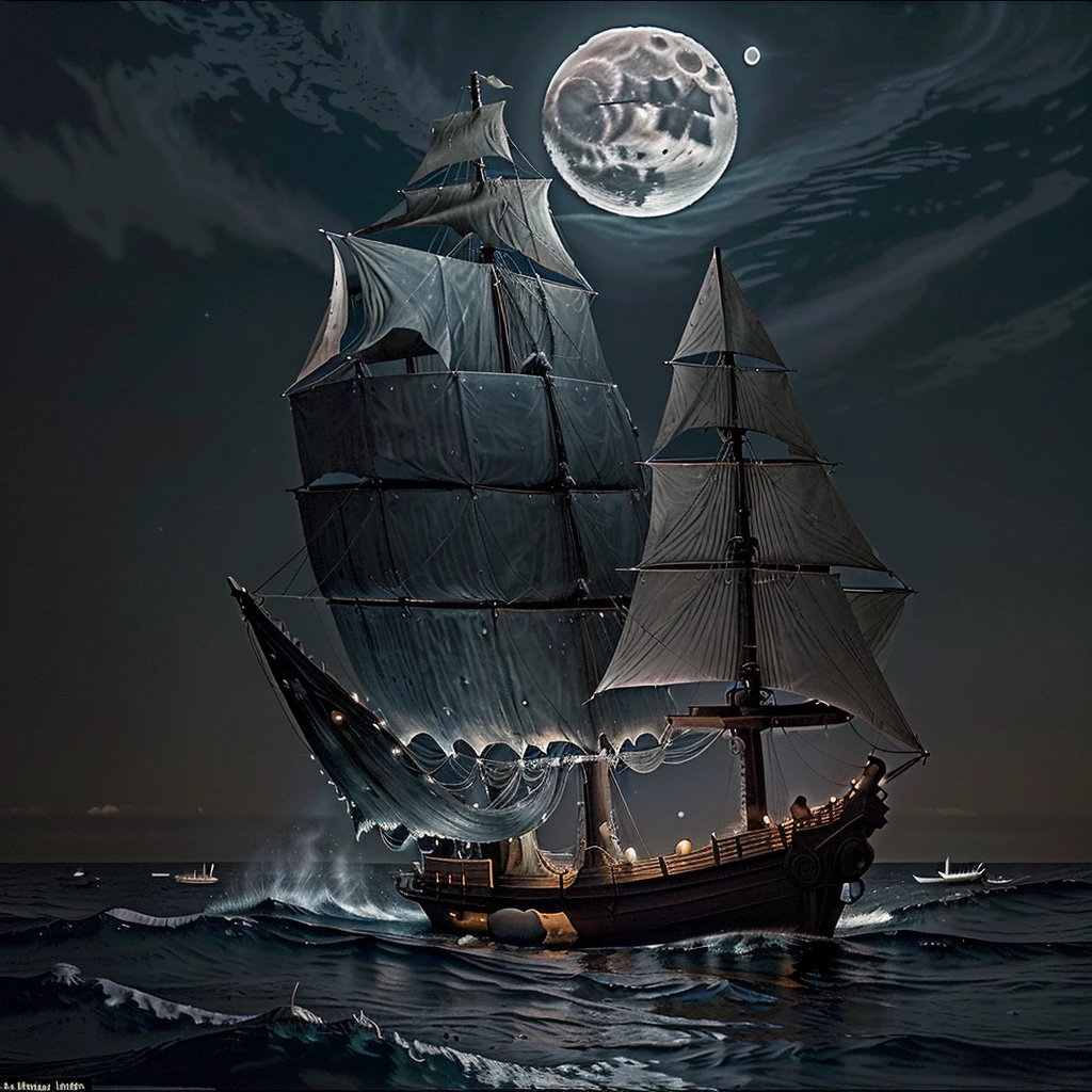 Moby-Dick at Night: The moon hangs low over the churning waves. The weathered ship, its timeworn planks reflecting the silvery glow, battles the storm. Moby Dick breaches, a ghostly apparition against the dark sea. The crew, lanterns in hand, braces for the hunt! Moby-Dick at Night