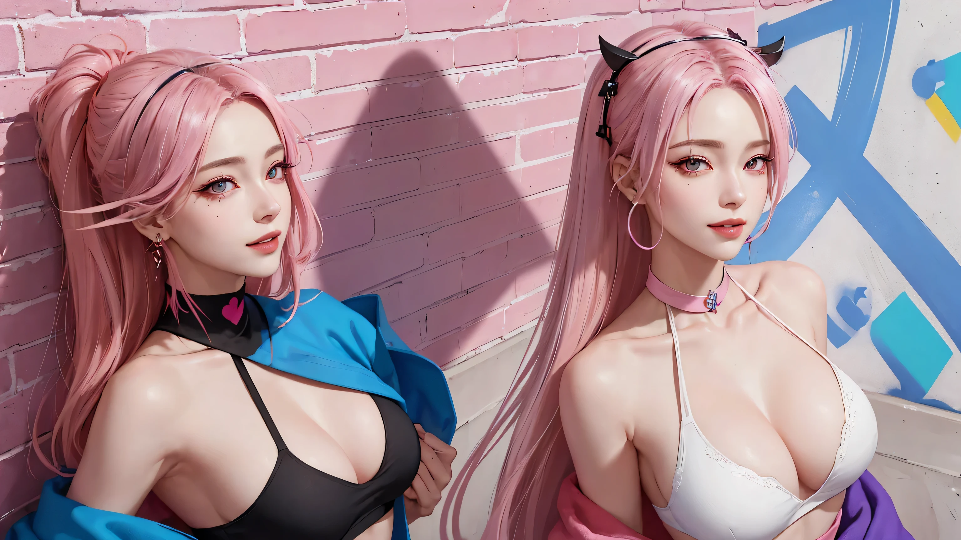 (Masterpiece, best quality, 1 girl, alone, complicated details, Chromatic aberration), realistic, ((Moderate breath)),long hair, pink hair, Red headpiece, Pink Highlights, hair on one eye,purple eyes, earring, sharp eyes, choker, Neon coat, She wears a collar, bangle, and kimono style garters., crop top, (symmetrical eyes),(Perfect symmetrical body),against the wall, Brick wall, (colorful graffiti words on the wall:1.2), The light is dim., alley ,Look at the viewer.、Dig the chest、smile、(sleeveless、Navel touch、Fitted turtleneck.)、street string hot pants、Thin bottom、Please build above the eaves..、Thin shoulders、in underwear、